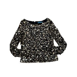 Alice + Olivia Pixie Gold Sequined Black Silk Top Zip Back XS